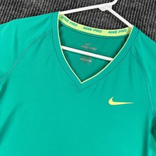 Nike Pro Shirt Womens Medium Green Short Sleeve V Neck Fitted Workout Training