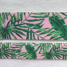 Grosgrain ribbon 7/8" 1.5" pink green ferns palm beach style plant tropical