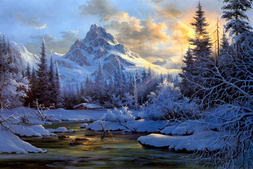 Snow mountain sunrise landscape Painting Wall art Giclee Printed