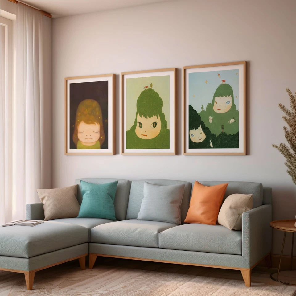 Juego de 3 lienzos firmados por Yoshitomo Nara/impresión artística/arte de pared japonés enmarcado Foto 4 de 4