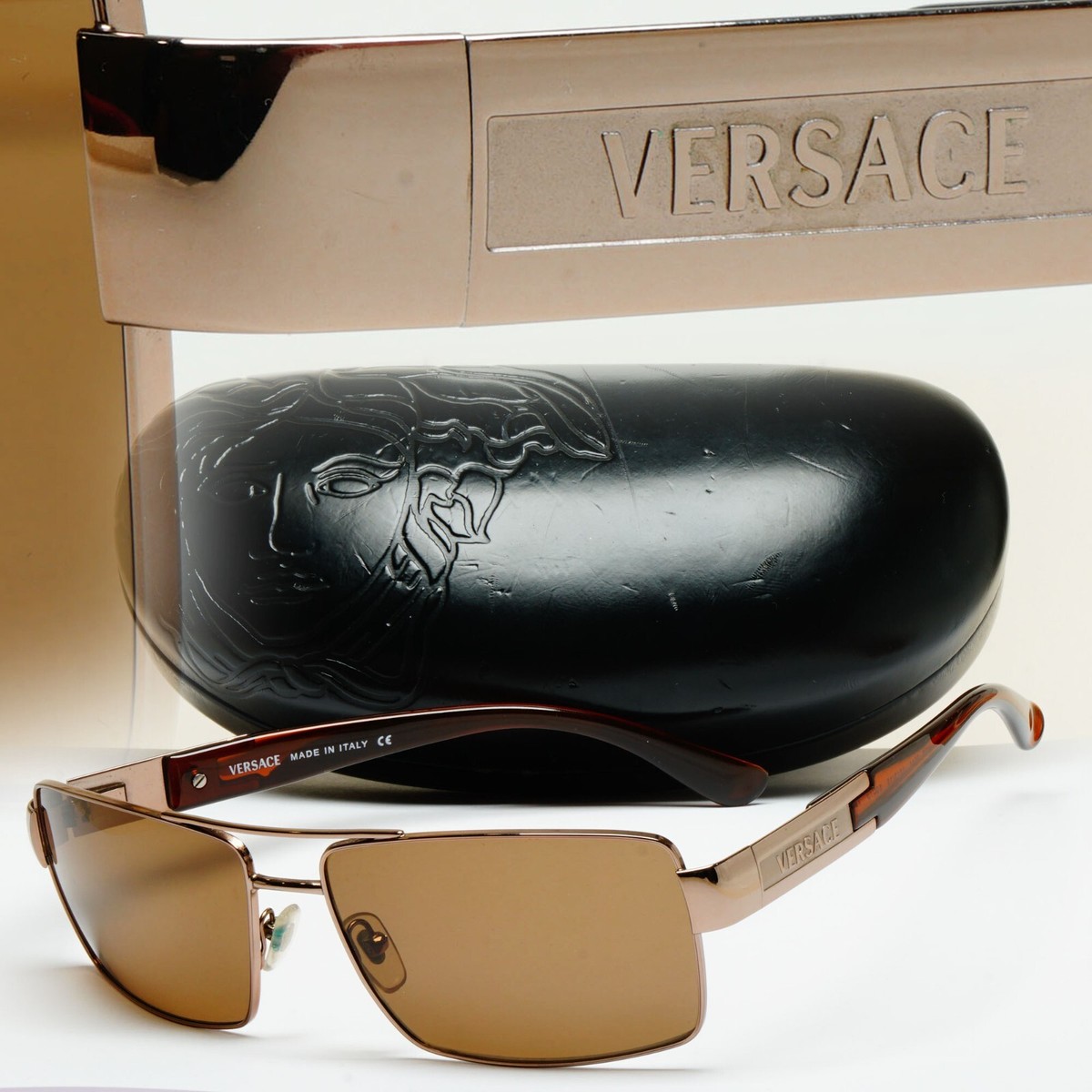 Versace Sunglasses 2005 Vintage Brown Square Navigator MOD 2041