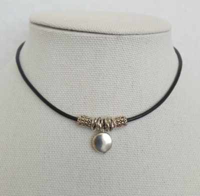 Handmade USA Black Leather Cord Choker Necklace Silver Plated Metal Beads
