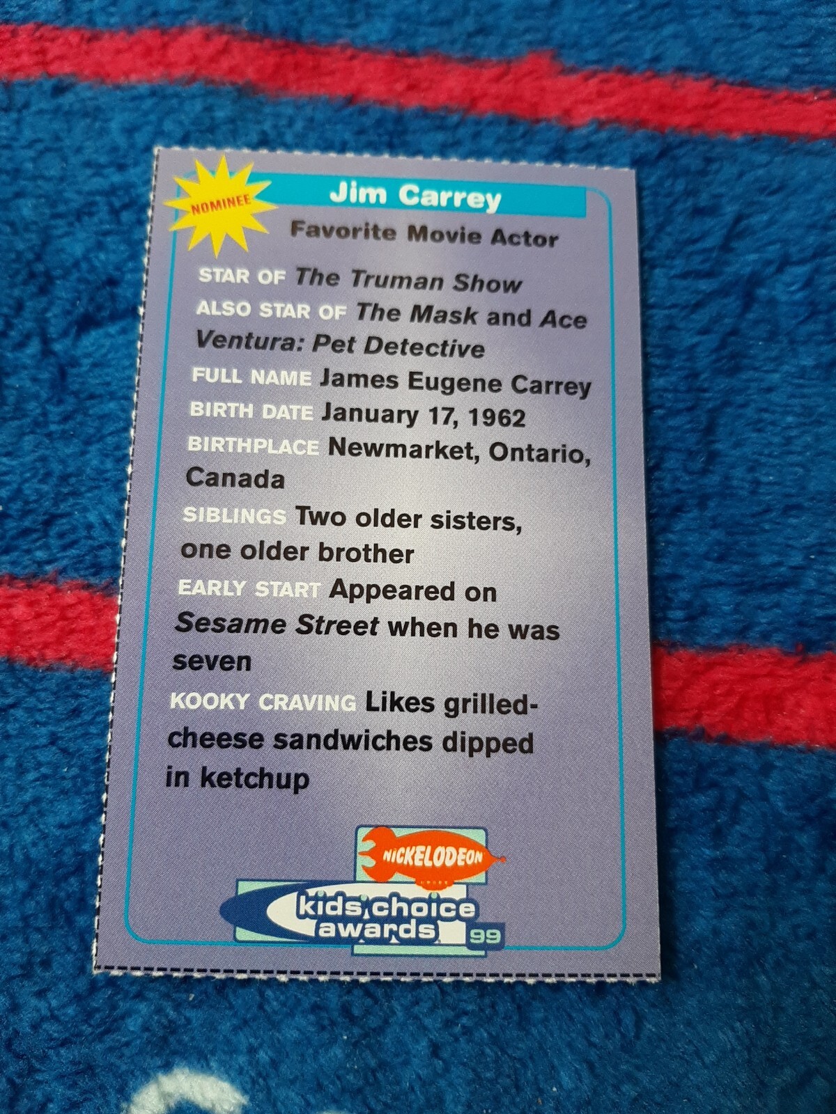 Jim Carey 1999 NICKELODEON Magazine Kids Choice Awards card - Picture 2 of 2
