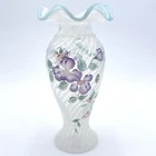 Fenton Aqua Crest Opalescent Vase Ruffle Swirl Optic Hand Painted Signed Lennon