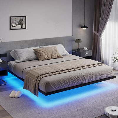 #ad Floating Bed Frame King Size with LED Lights Metal Platform Bed Frame Black $99.99