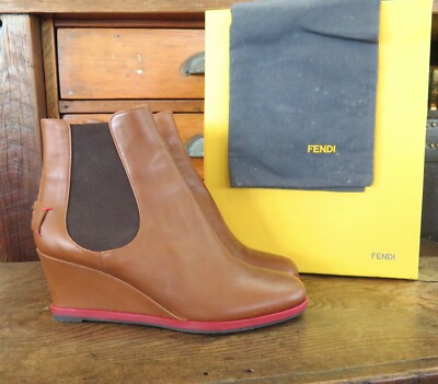 Fendi 'Cathy' Tan Leather Ankle Wedge Boots, size 38 EU (8 AU