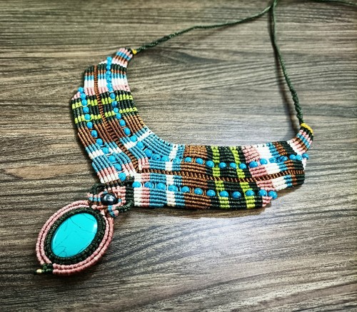 Collar Macrame Colgante Joyería Piedra Cabujón a Mano Azul Boho |