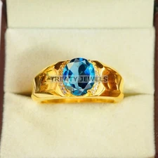 London Blue Topaz Oval With 925 Silver Sterling Gold Plated Ring For Men's #B208