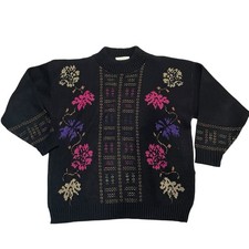 Vintage Dana Scott Sweater Womens M Black Floral Metallic Thread Grannycore 80s