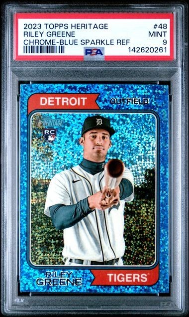 RILEY GREENE 2023 Topps Heritage CHROME - BLUE SPARKLE REF. #48 PSA 9 MINT RC
