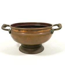 Vintage Hammered Copper Round Planter Riveted Brass Handles 6.25" Wide x 4" Tall