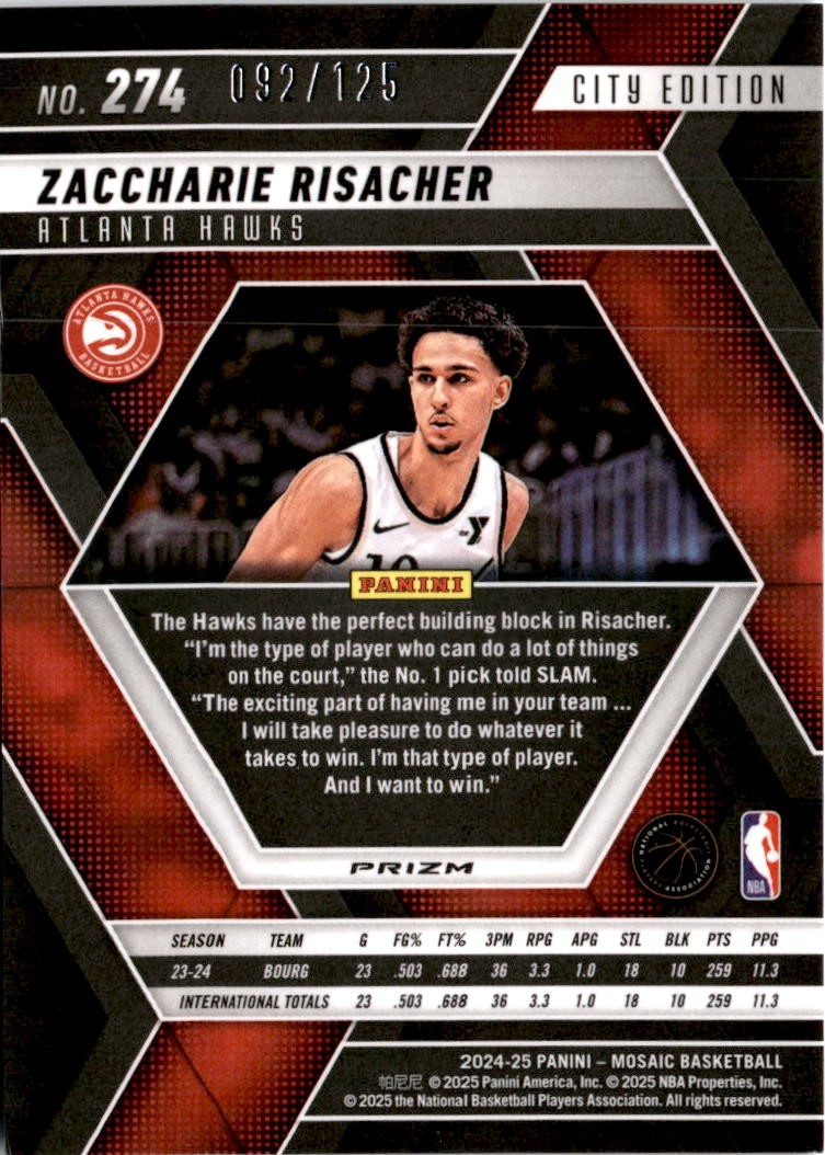 2024-25 Panini Mosaic - City Edition Zaccharie Risacher #274 Ice