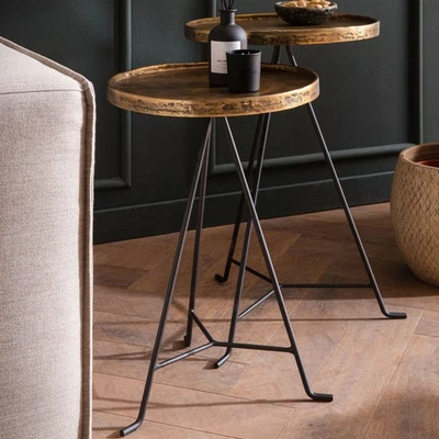 FineBuy Table d'appoint Lot de 2 Salon Tables Gigognes Rondes Métal Doré Noir - Photo 1/4