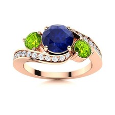 925 Sterling Silver Rose Plated Blue Sapphire  Peridot Three Stone Women Ring