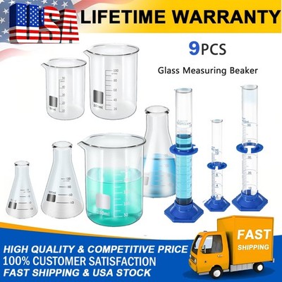 9PCS Lab Flask Set Graduated Cylinde Measuring Beaker 50/100/250ml Lab Glassware