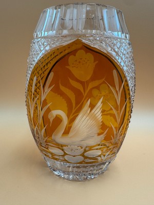 Vintage amber Julia Poland cut crystal swan vase, floral on other side, 1960s