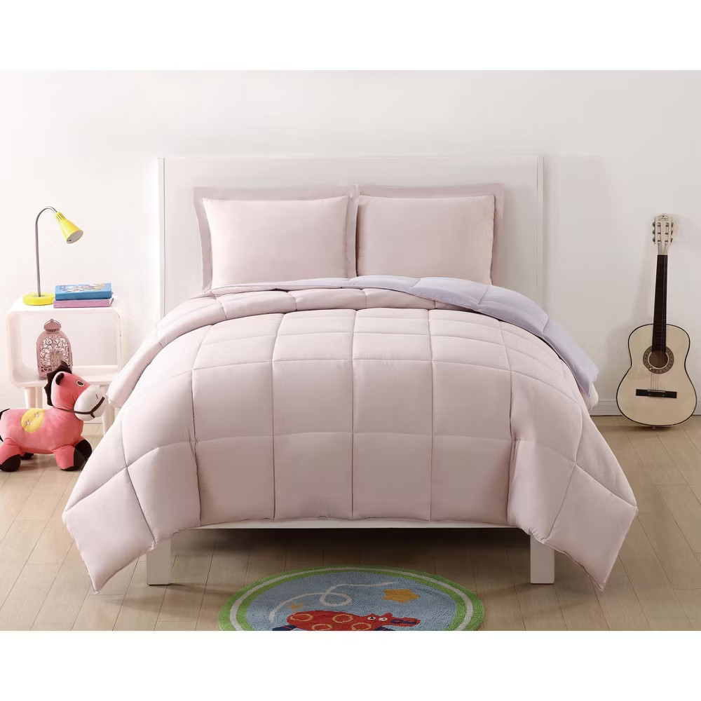 Full/Queen Anytime Solid Reversible Kids' Comforter Set Blush/Lavender - My