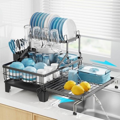 GSlife Large 2 Tier Dish Drying Rac 16.9'' W x 14.4''-22.4'' L, Black