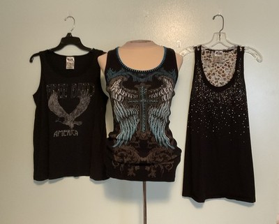 Vocal x3 Black Tank Top Lot Cross Wings Lace Rhinestones Womens Large USA Made