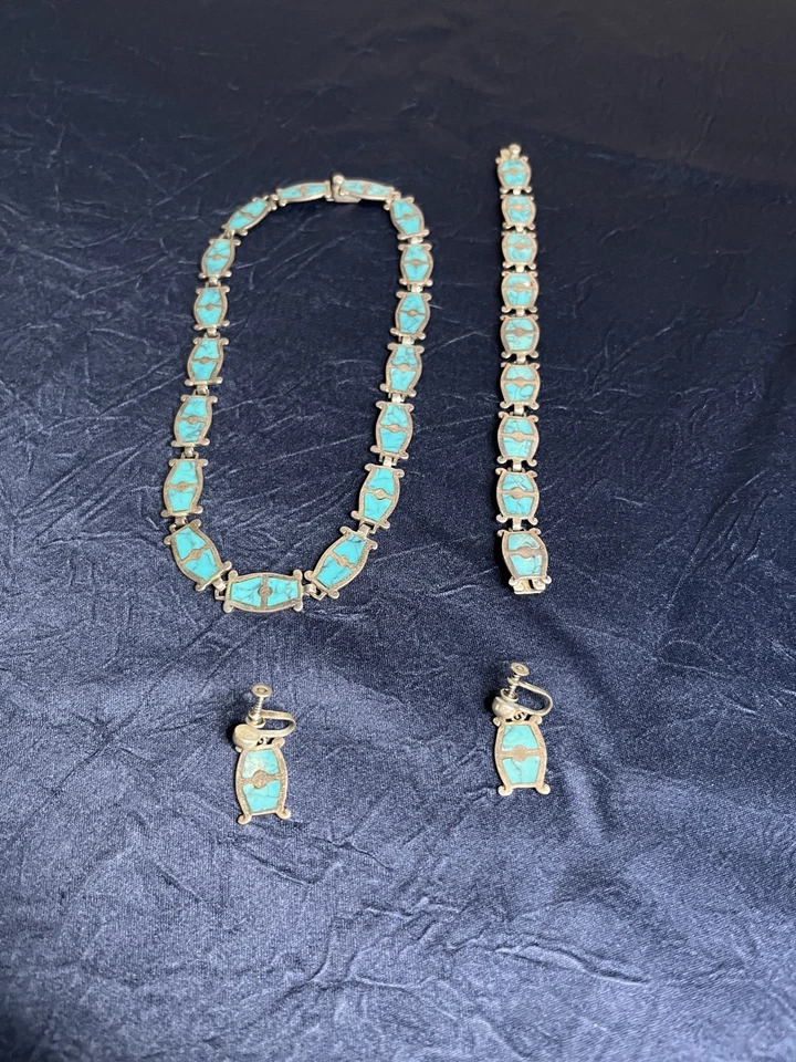 VTG Taxco 950 Sterling Silver Turquoise Necklace Bracelet & Earrings Set Mexico - Image 2 of 4