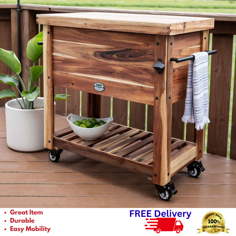 100Qt Patio Cooler Cart Acacia Wood Ice Chest w/ Prep Table 