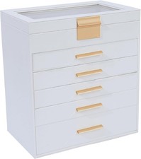 Jewelry Box for Women, Clear White 6 Layer Large Jewelry Organizer with Glass Li