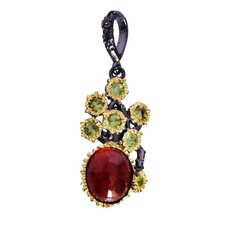 Natural Garnet Peridot Fine 925 Silver Cluster Pendant Black Rhodium Gold Plated