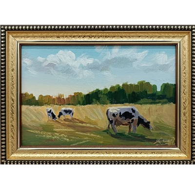 #ad Summer nature Oil painting Original art Rural landscape cows 4 x 6 inches $40.00