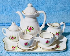 VINTAGE MINIATURE PORCELAIN TEA SET GOLD GILT 4" TRAY SIZE ROSE FLORAL