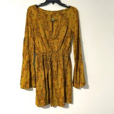 FARM Rio Peacock Feather Mini Dress Long Sleeve Keyhole Neck Elastic Waist M