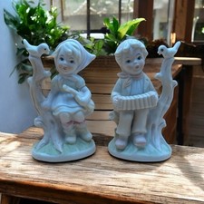 Vintage Bisque Figurines ? Girl with Guitar & Boy with Accordion (Pair)