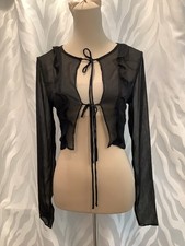 Lioness Black Sheer Barely There Tie Front Crop Cascading Vertical Ruffles Top S