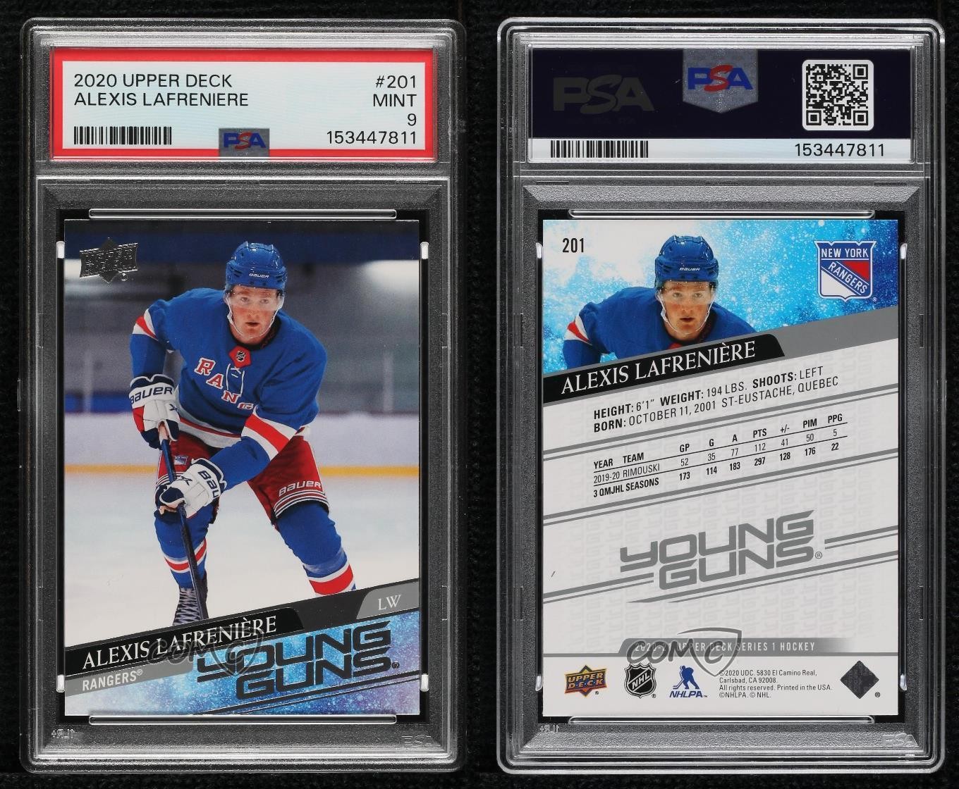2020-21 Upper Deck Young Guns Alexis Lafreniere #201 PSA 9 MINT Rookie RC 16ez view 3