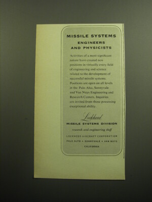 1957 Lockheed Missile Systems Division Ad - Missile Systems Engineers
