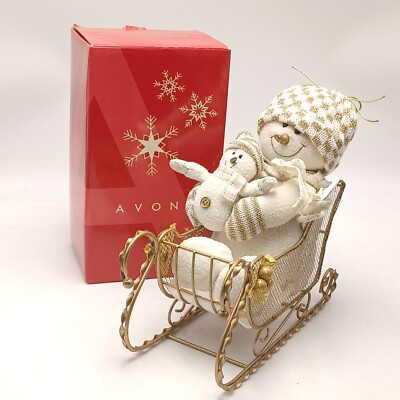 Avon Rising Snowman Avon Ivory and Gold Sleigh With Plush Snowman Original Box Holiday 2005 ...
