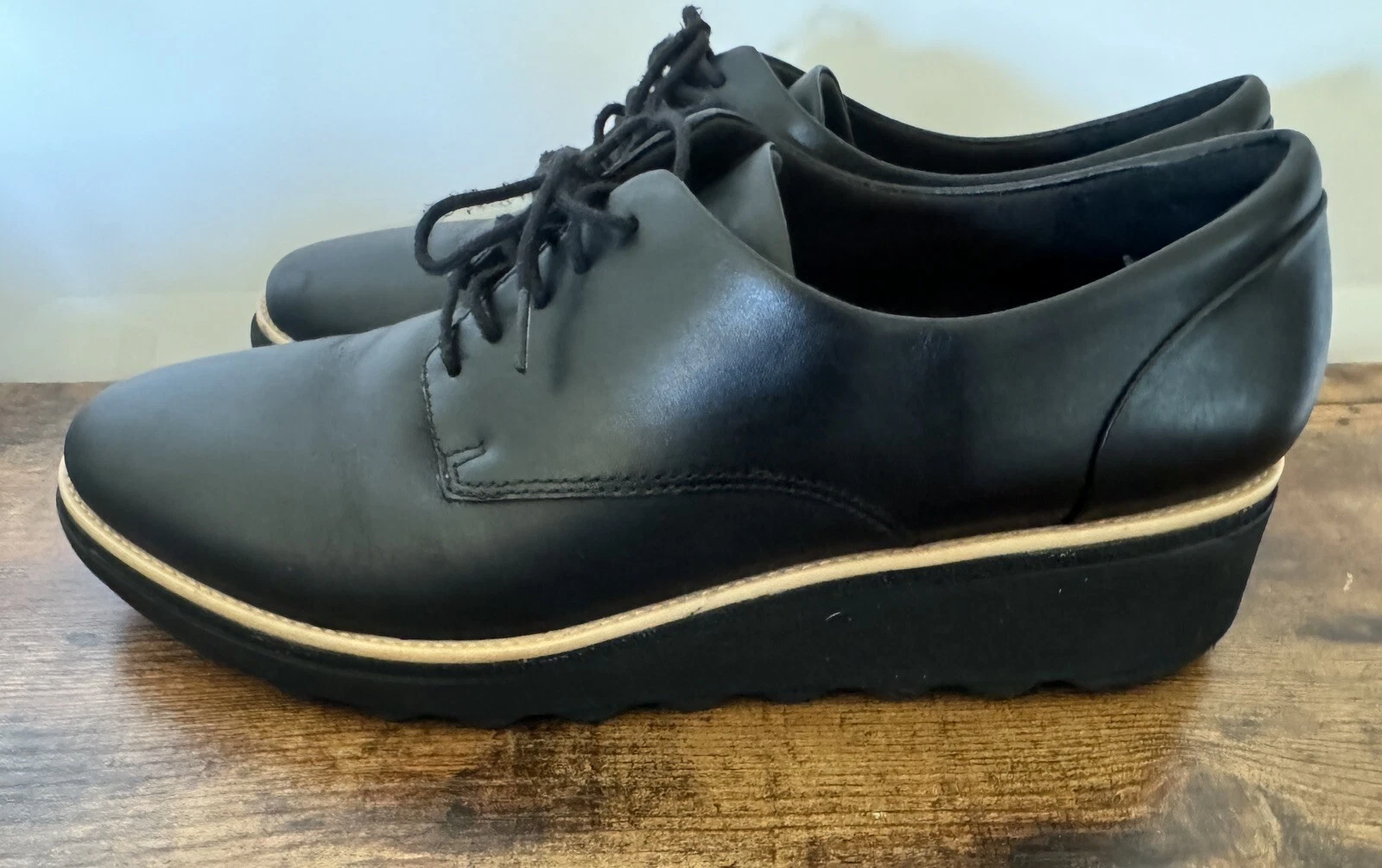 Scarpa stringata Clarks donna Sharon Noel Oxford taglia 10 5 zeppa bassa pelle nera