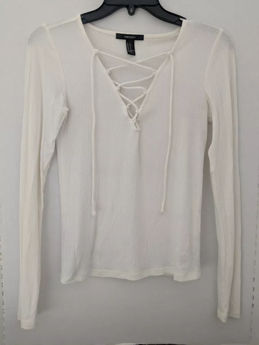 Forever 21 White Lace Up Long Sleeves Top Shirt Size Small