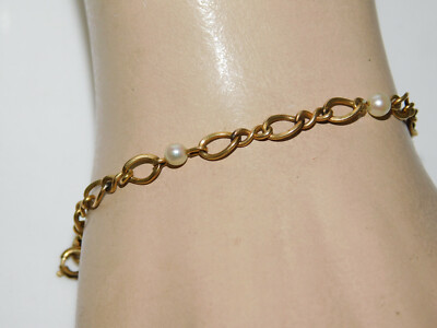 Vintage Anson USA 12k Gelbgold Gefüllt Link Kette Perle 7.5 '' Armband 11f 103