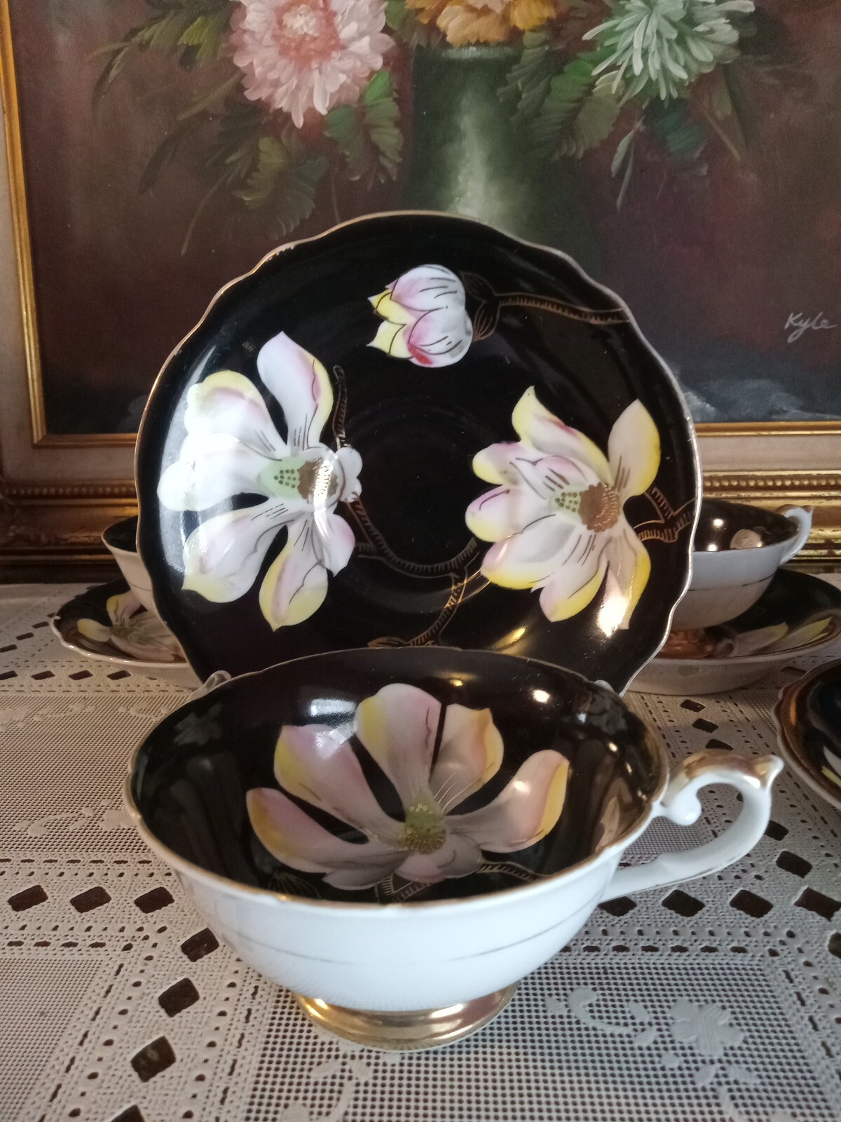 Vintage Ucagco China Tea Cup and Saucers Set of (4) Made In Japan Black