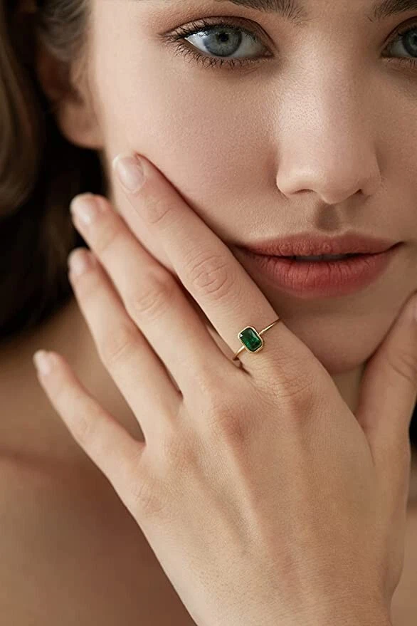 Gold Plated Rectangle Emerald Ring Waterproof Hypoallergenic and