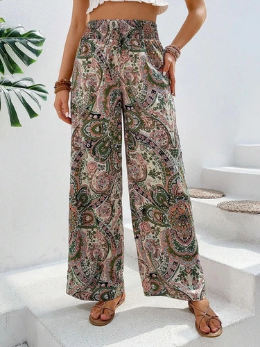 Damen Sommer Mode Blume Elastische Taille Weites Bein Hose- - Bild 29 von 29