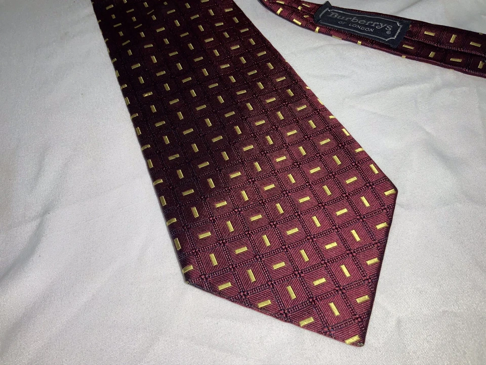 博柏利伦敦领带勃艮第黄色格子丝绸 3 5/8 英寸 56 英寸美国 YGI G0-494 — 第 3/4 张图片