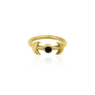 Double Moon With Black Gemstone 18k Gold Plated Ring For Women 