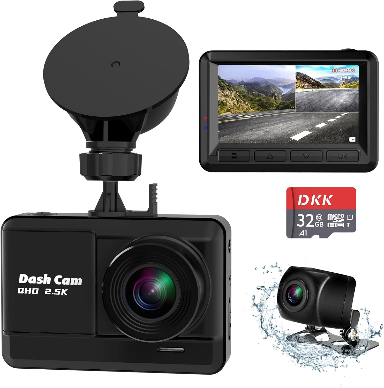 Mini Dash Cam Front and Rear 2.5K QHD with 2.45 Inch IPS Screen and 32GB SD Card for Enhanced Driving Safety and Clarity