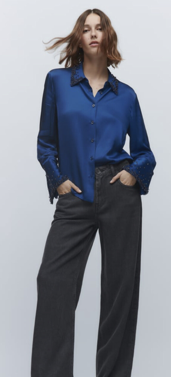TRINNY FAV ZARA SATIN SHIRT WITH RHINESTONES INK BLUE 4786/275 NEW Sz M  FITS S | eBay