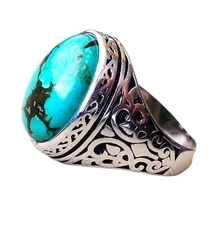 TIBETAN TURQUOISE  925 STERLING SILVER HEALING GEMSTONE ARABIC HEAVY MANS RING