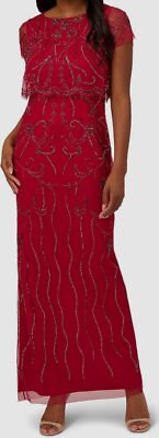 Adrianna Papell Women's Red Beaded Scalloped-Popover Gown Dress Petite Size 2P