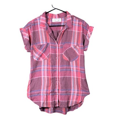 Cloth & Stone Womens Shirt Multicolor Plaid Short Sleeve Button Down V Neck S