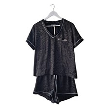BCBGMAXAZRIA Black Satin Animal embossed Print PJ Short  Top Set Womens Size M