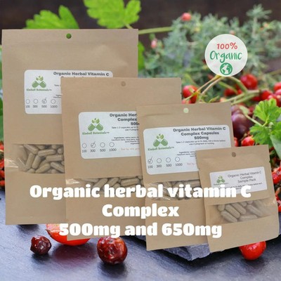 Organic Vitamin C Herbal Complex, 500mg or 650mg vegetarian capsules, made